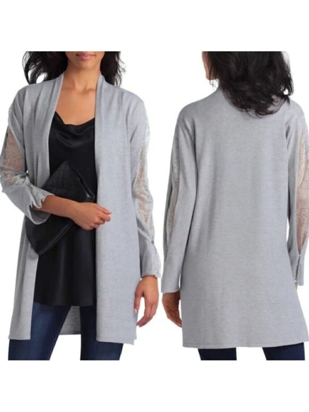 h Halston BNWT Gray Cardigan New Open Front Lace Sleeves